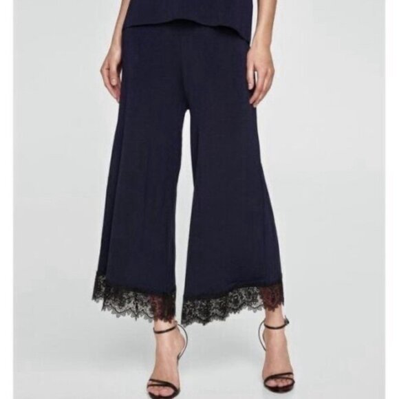 Zara Knit Wide Leg Crop Pant High Waist Blue Lace Trim Stretch Ankle Culottes S - Picture 1 of 11